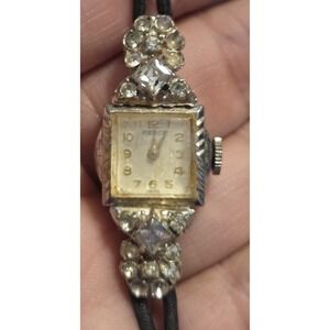 Vintage Pierce Swiss Cocktail Watch Rhinestone Art Deco Cord Band 1940s Winds...